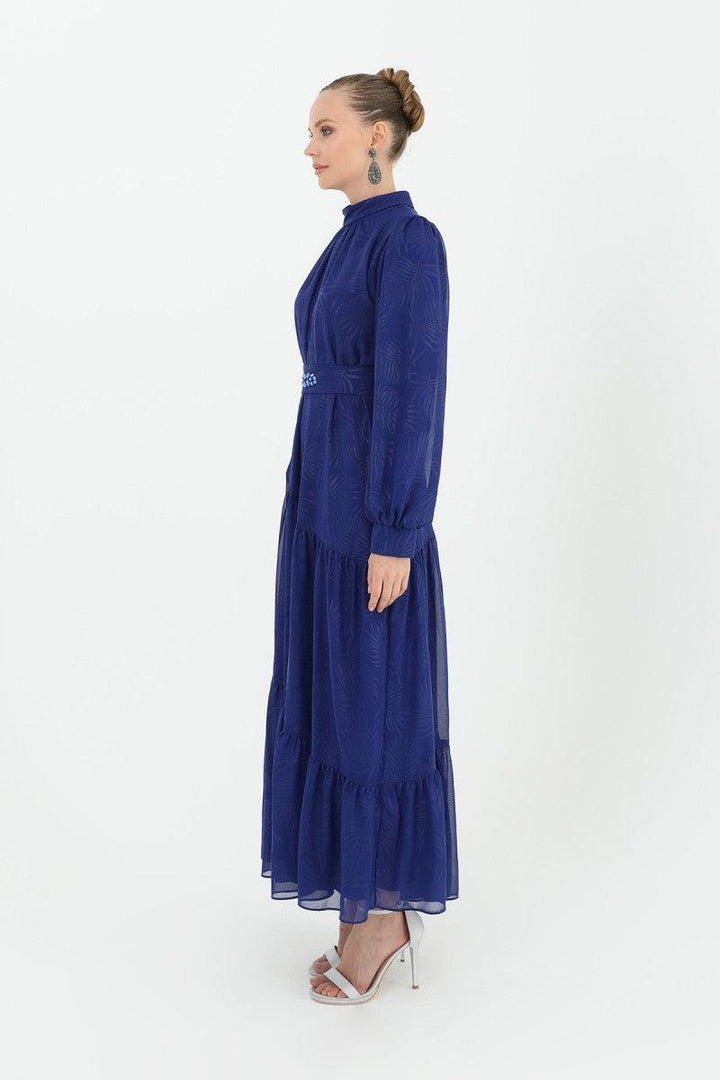 Stone Patterned Belted Dress - Sax Blue - modestanbul