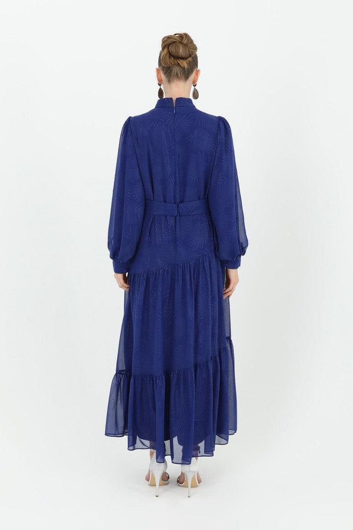 Stone Patterned Belted Dress - Sax Blue - modestanbul