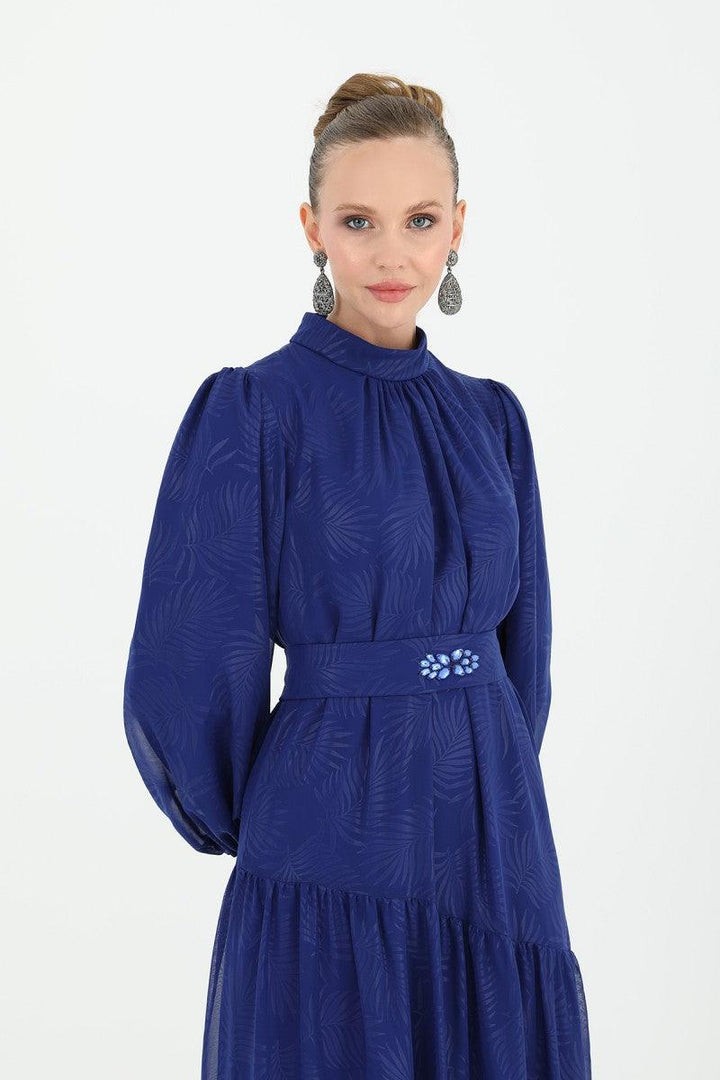 Stone Patterned Belted Dress - Sax Blue - modestanbul