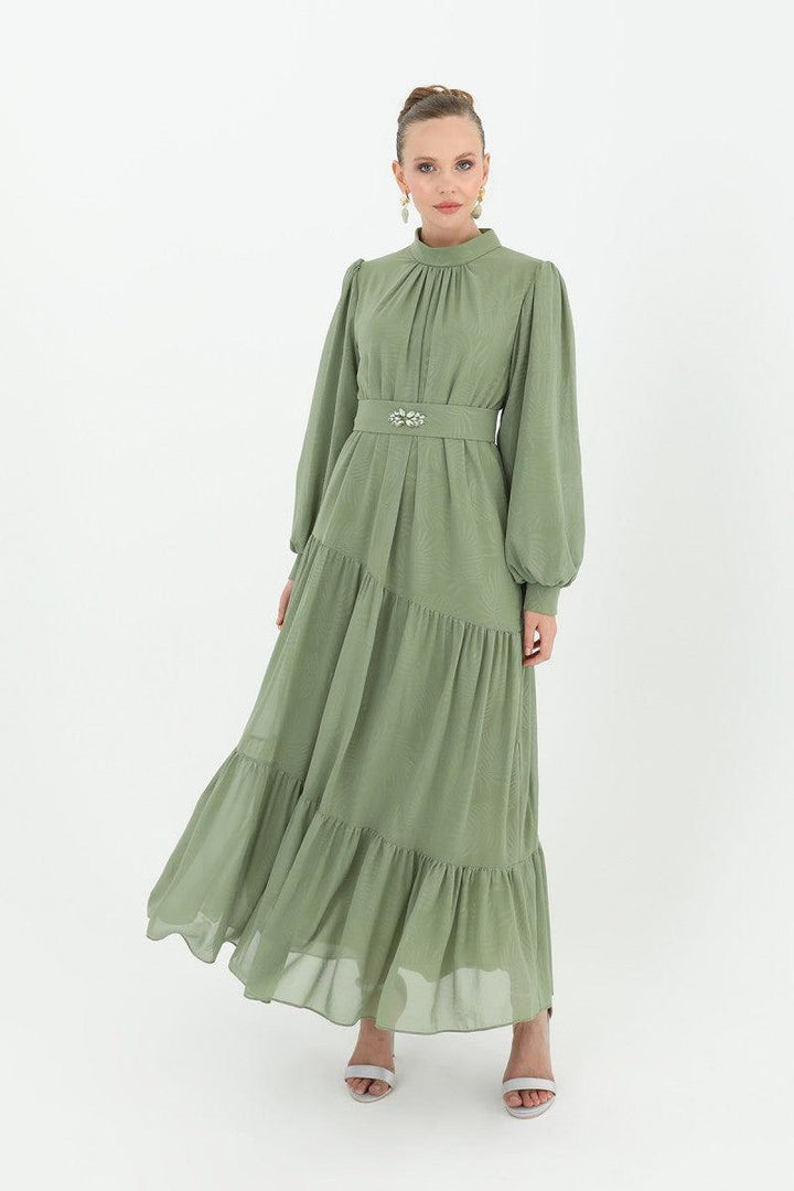 Stone Patterned Belted Dress - Green - modestanbul