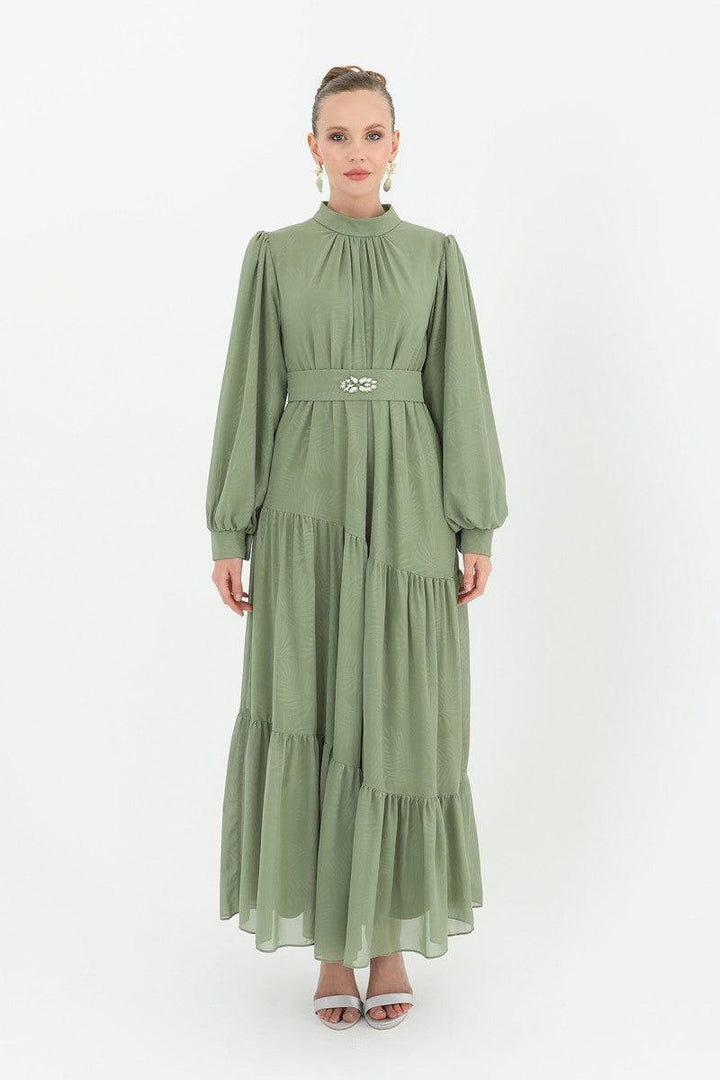 Stone Patterned Belted Dress - Green - modestanbul