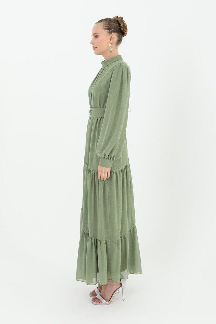 Stone Patterned Belted Dress - Green - modestanbul