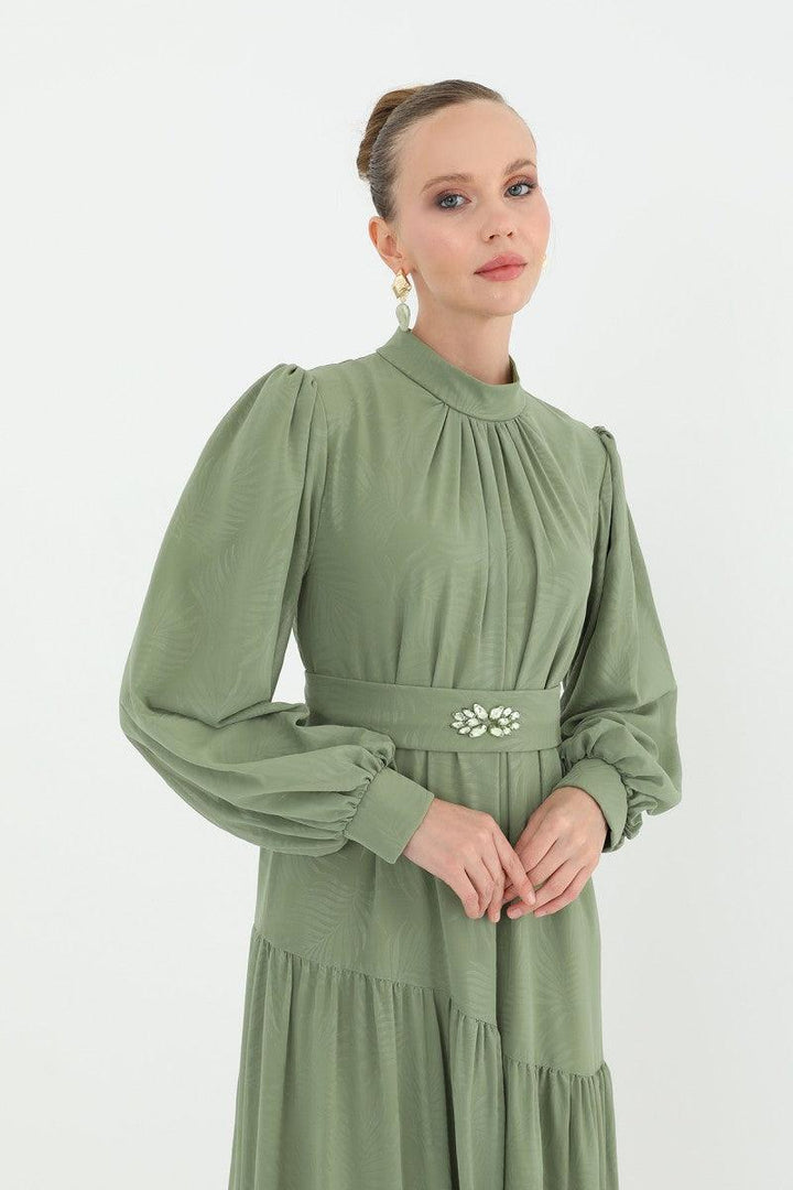 Stone Patterned Belted Dress - Green - modestanbul