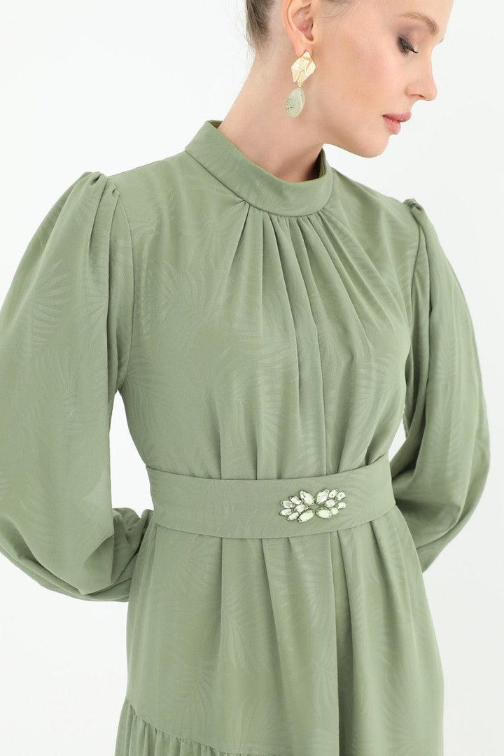 Stone Patterned Belted Dress - Green - modestanbul