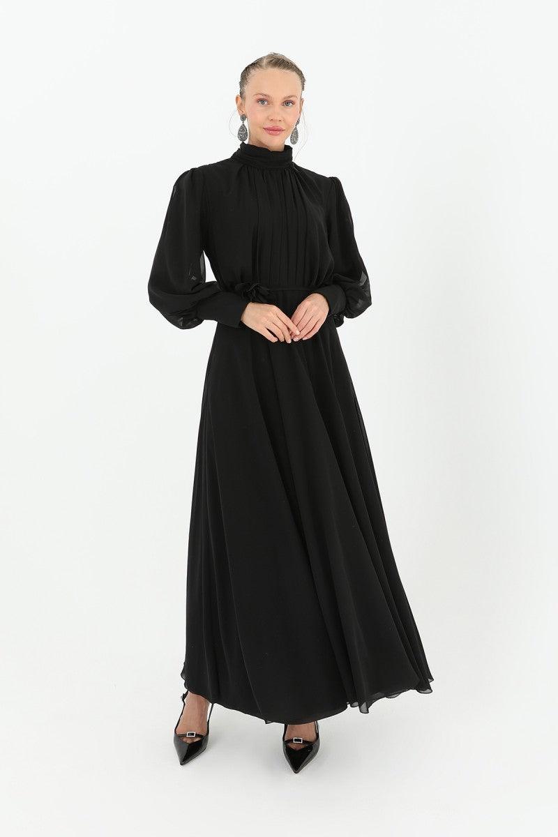 High Collar Belt Detailed Chiffon Dress - Black - modestanbul