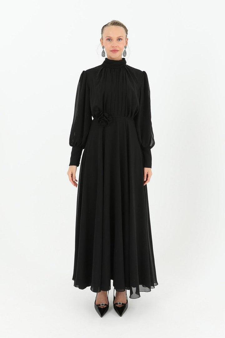 High Collar Belt Detailed Chiffon Dress - Black - modestanbul