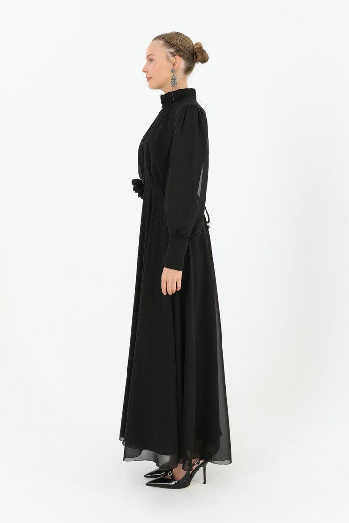 High Collar Belt Detailed Chiffon Dress - Black - modestanbul