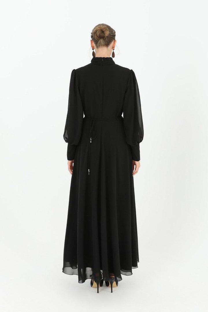 High Collar Belt Detailed Chiffon Dress - Black - modestanbul