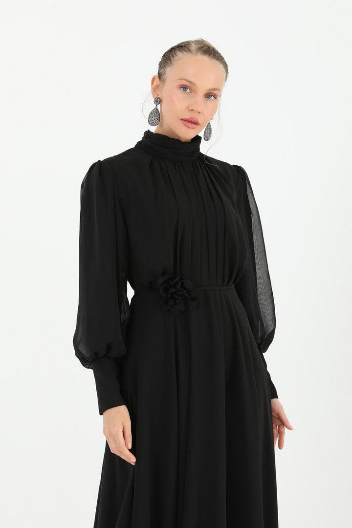 High Collar Belt Detailed Chiffon Dress - Black - modestanbul