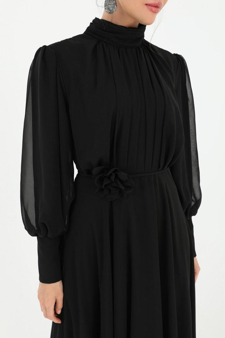 High Collar Belt Detailed Chiffon Dress - Black - modestanbul