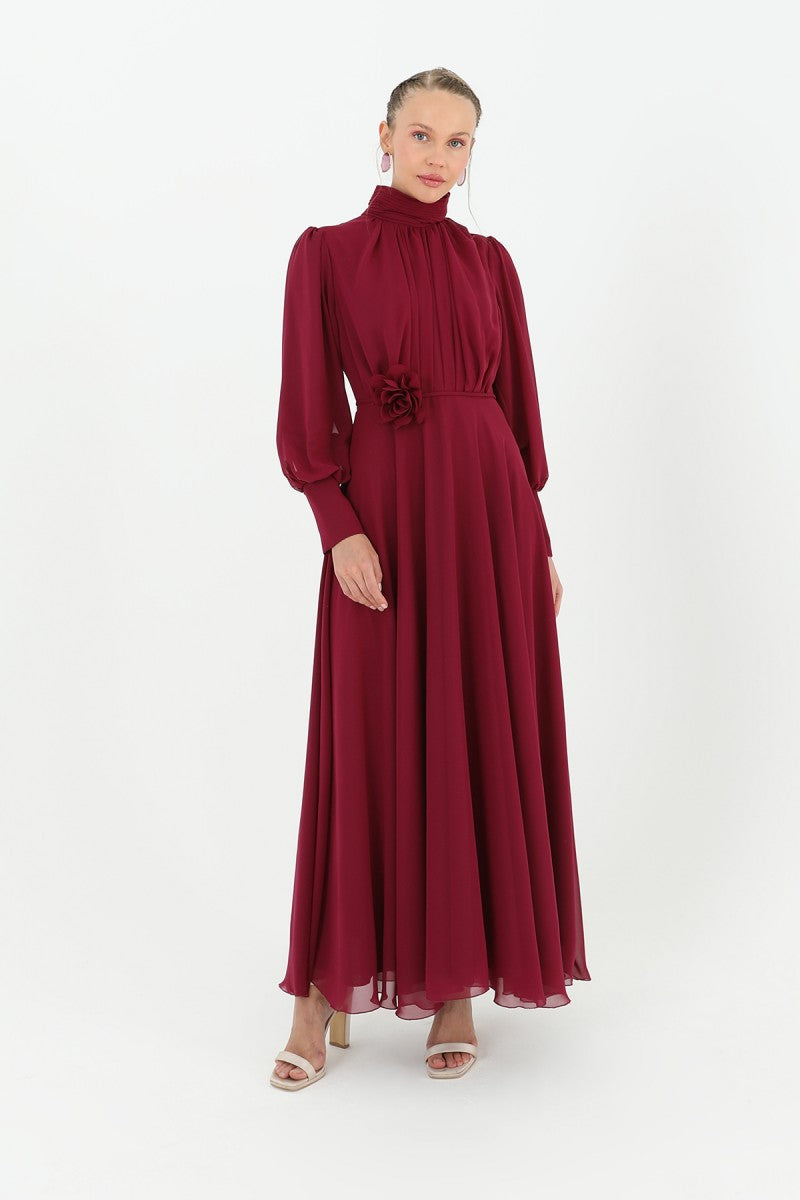 High Collar Belt Detailed Chiffon Dress - Burgundy