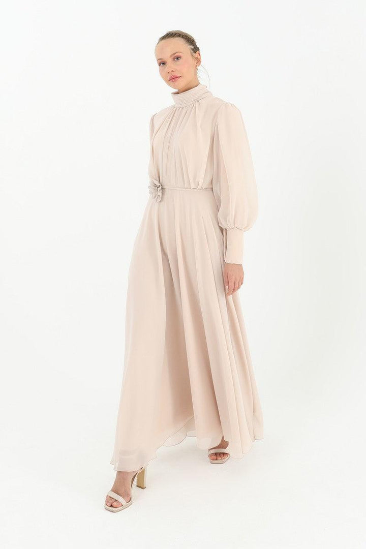 High Collar Belt Detailed Chiffon Dress - Beige - modestanbul