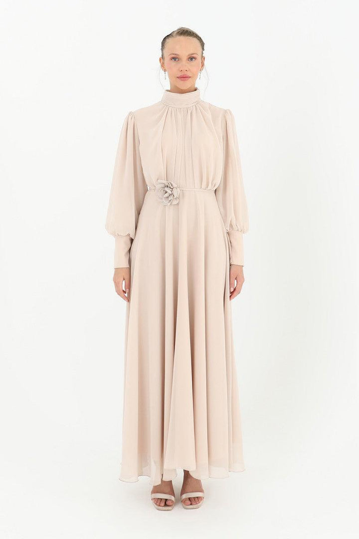 High Collar Belt Detailed Chiffon Dress - Beige - modestanbul