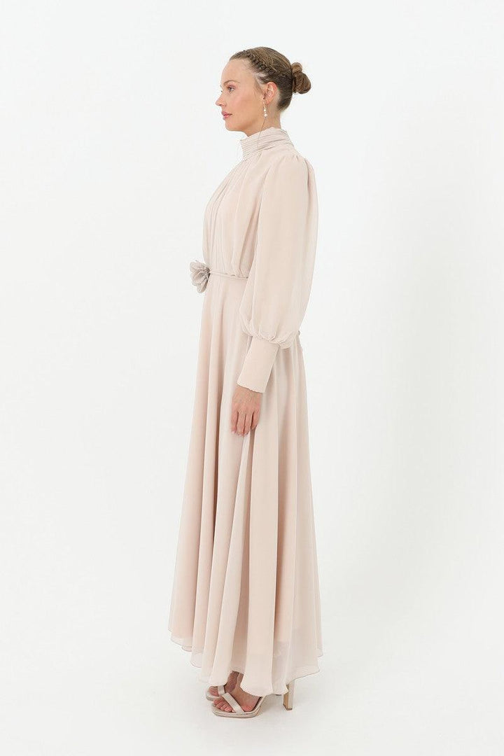 High Collar Belt Detailed Chiffon Dress - Beige - modestanbul