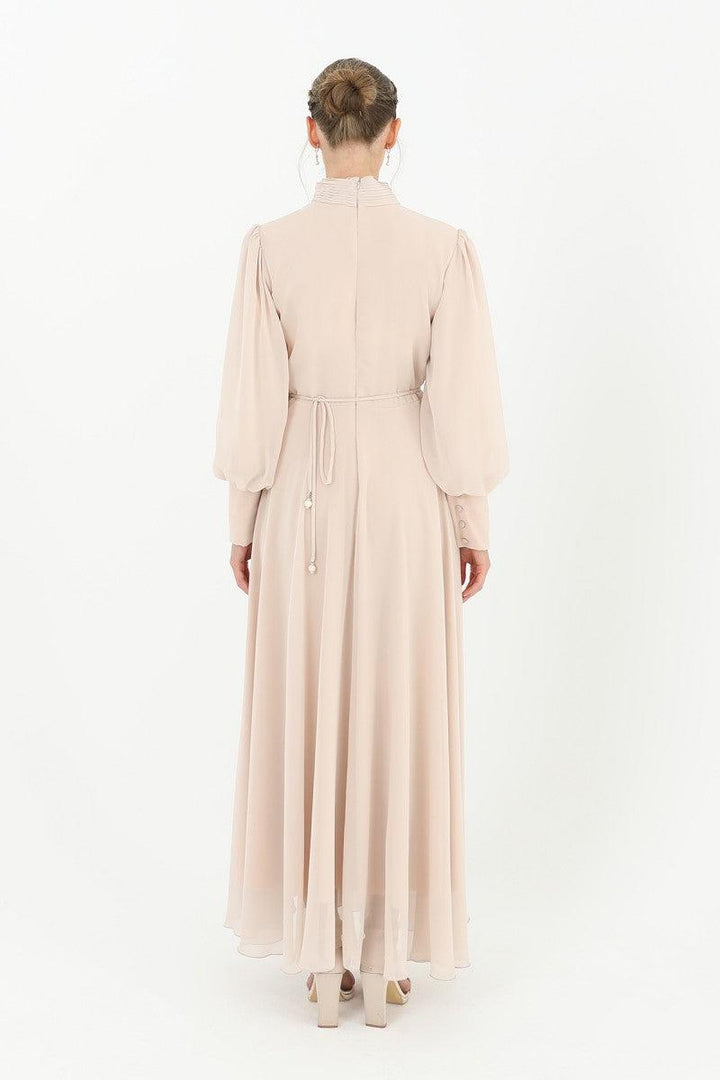 High Collar Belt Detailed Chiffon Dress - Beige - modestanbul