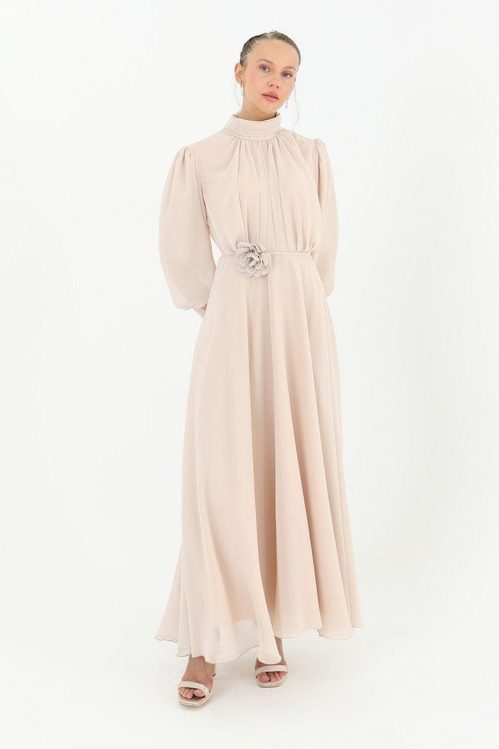 High Collar Belt Detailed Chiffon Dress - Beige - modestanbul