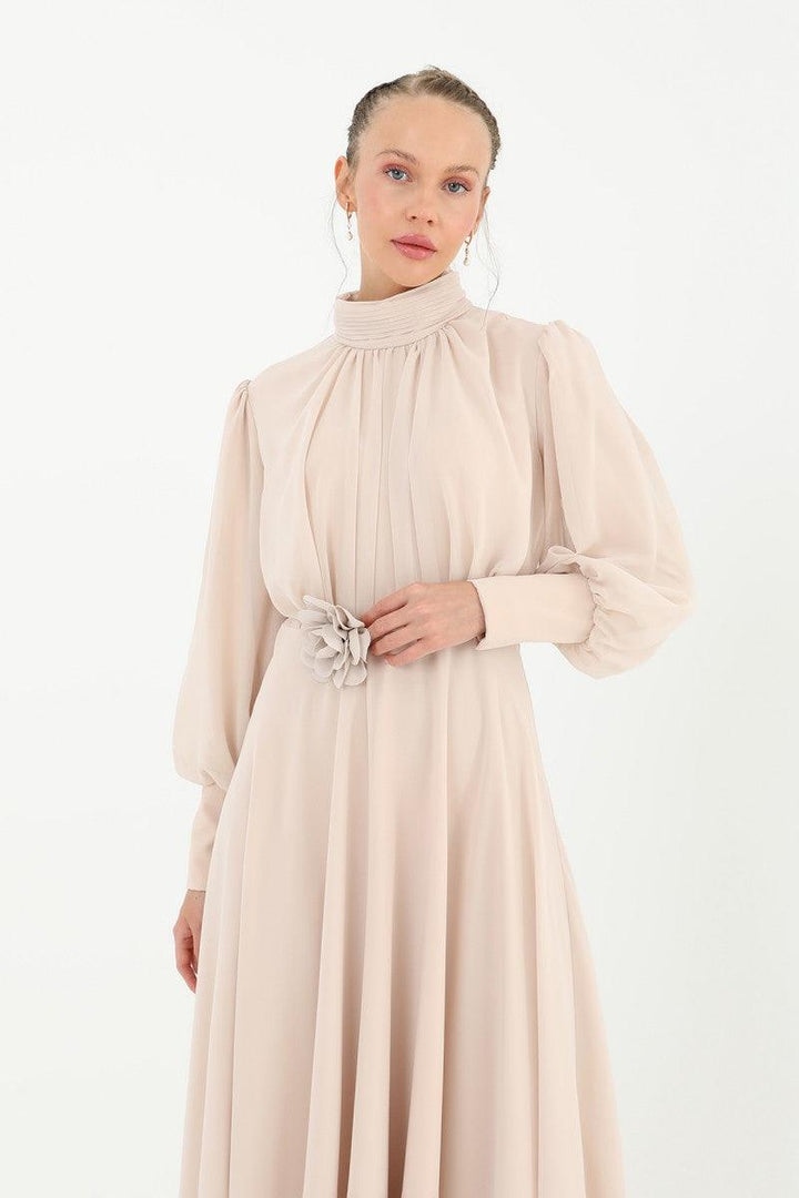 High Collar Belt Detailed Chiffon Dress - Beige - modestanbul