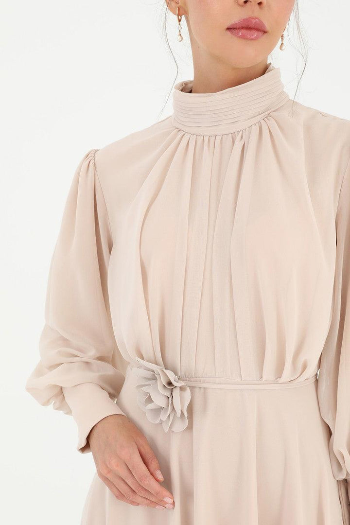 High Collar Belt Detailed Chiffon Dress - Beige - modestanbul