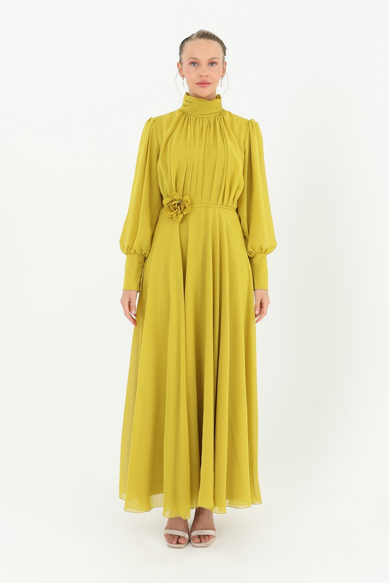 High Collar Belt Detailed Chiffon Dress - Olive