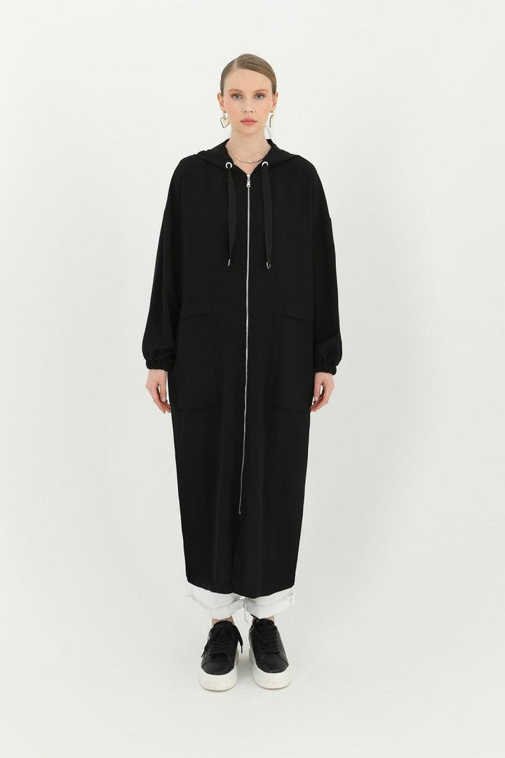 Hooded Zippered Long Cardigan - Black - modestanbul