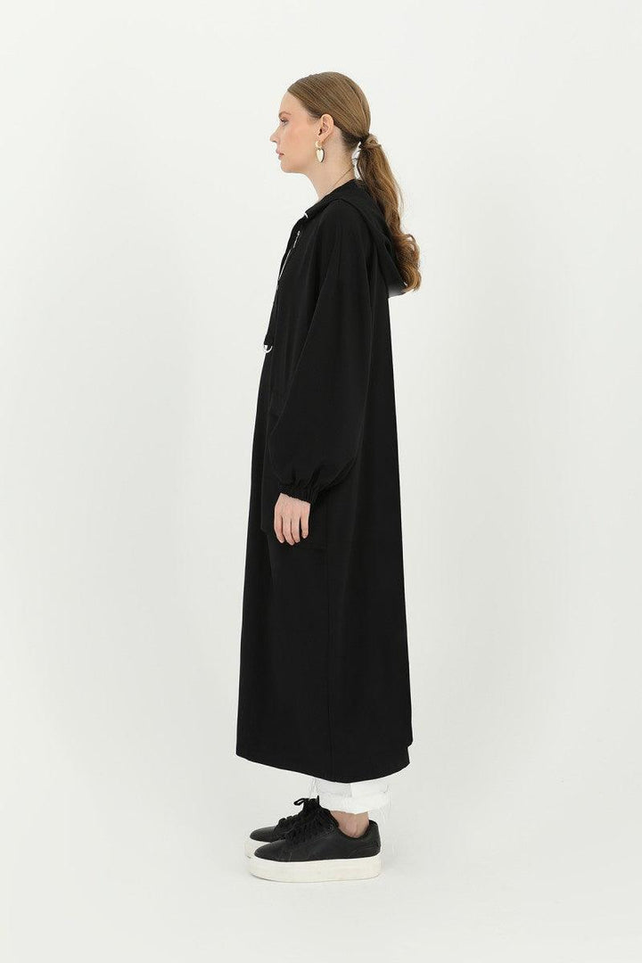 Hooded Zippered Long Cardigan - Black - modestanbul