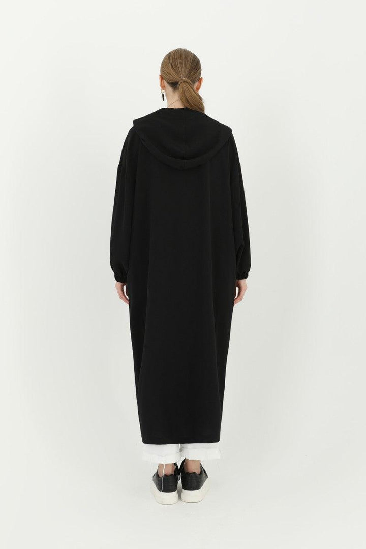 Hooded Zippered Long Cardigan - Black - modestanbul