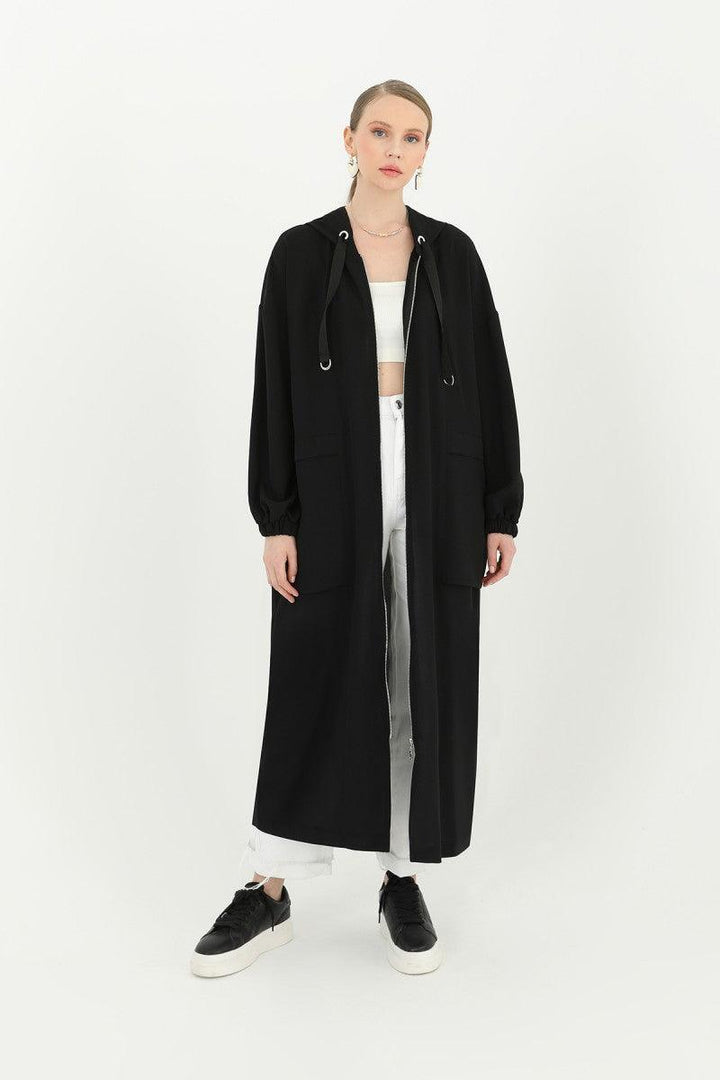 Hooded Zippered Long Cardigan - Black - modestanbul