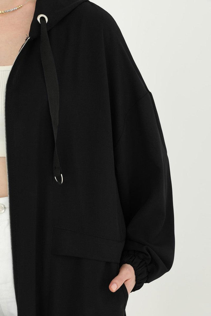 Hooded Zippered Long Cardigan - Black - modestanbul