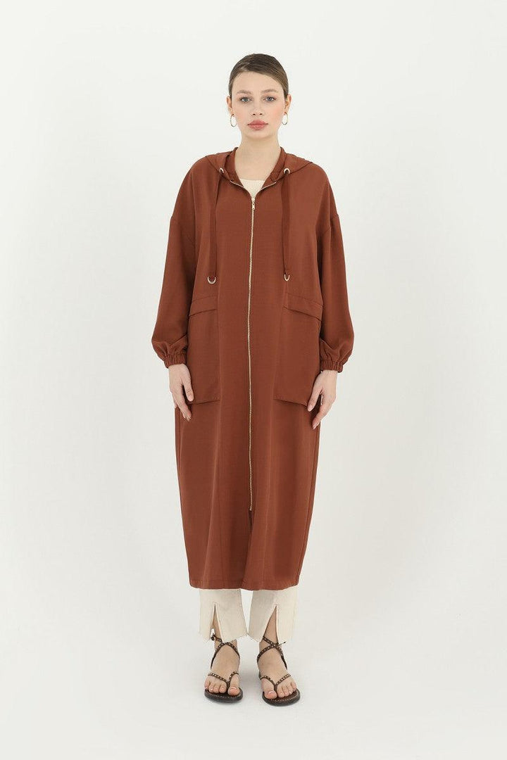 Hooded Zippered Long Cardigan - Dark Brown - modestanbul