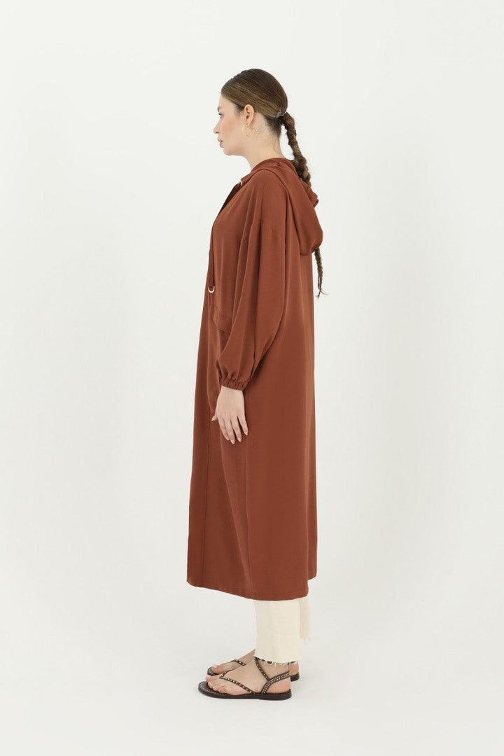 Hooded Zippered Long Cardigan - Dark Brown - modestanbul