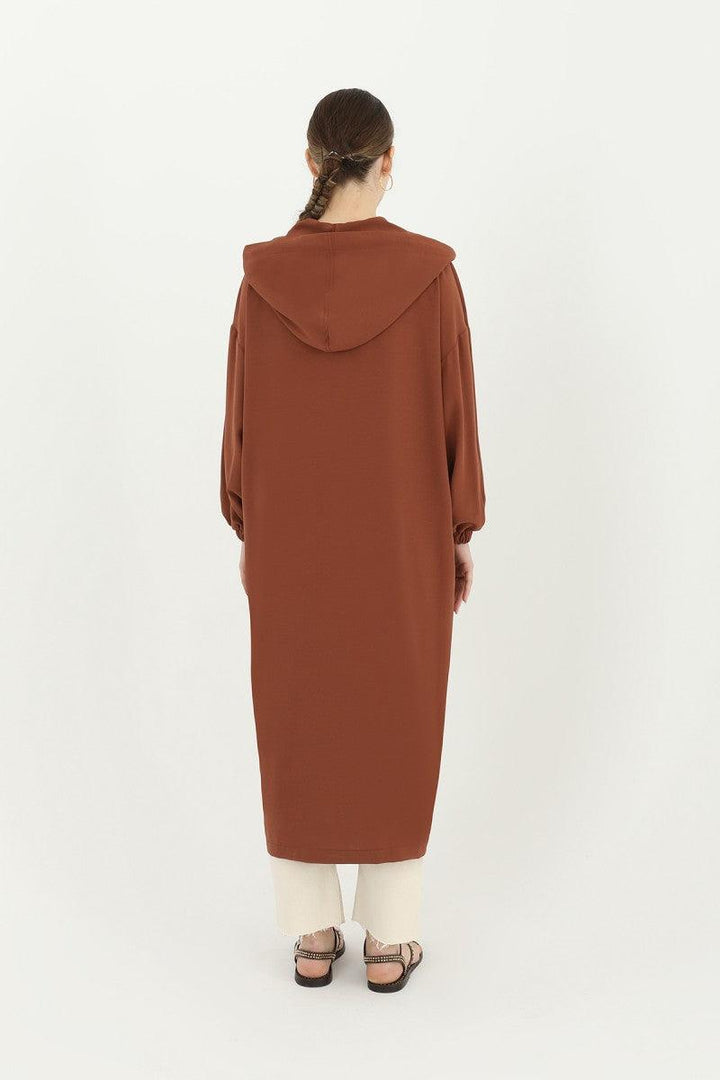 Hooded Zippered Long Cardigan - Dark Brown - modestanbul