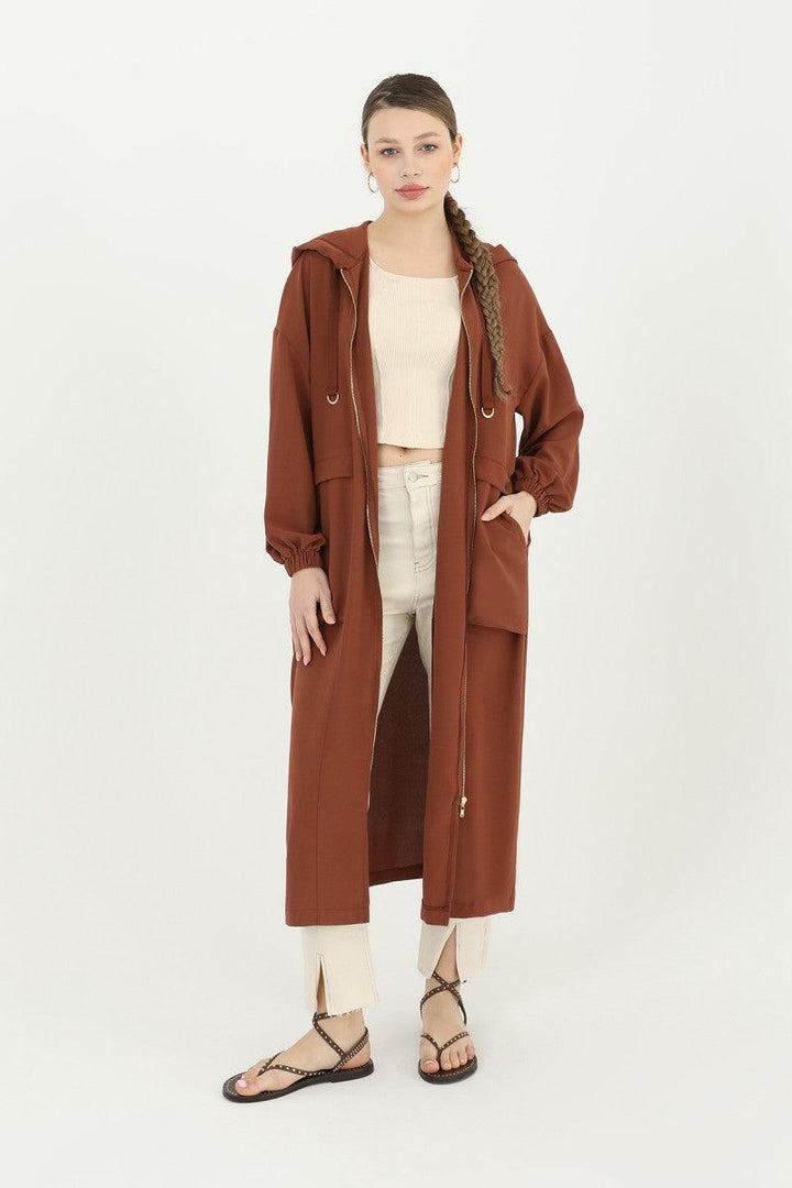 Hooded Zippered Long Cardigan - Dark Brown - modestanbul