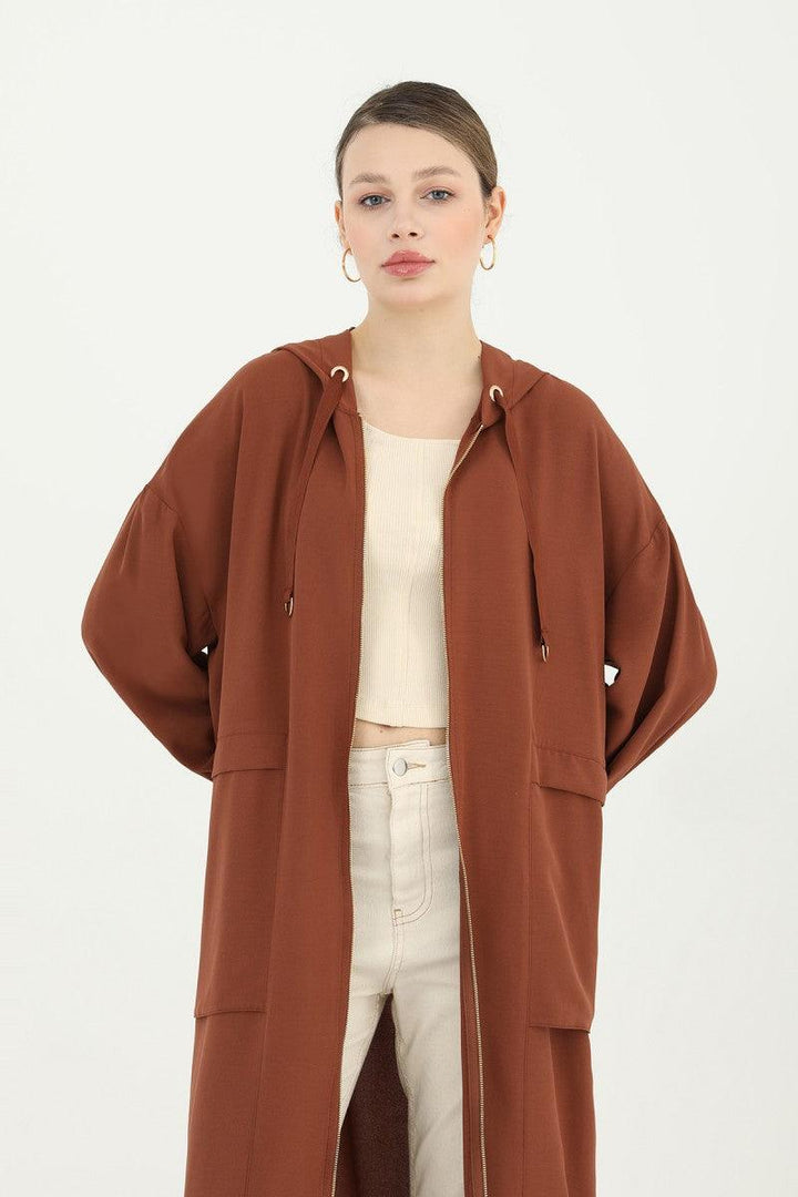 Hooded Zippered Long Cardigan - Dark Brown - modestanbul