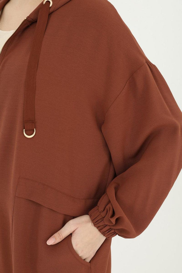 Hooded Zippered Long Cardigan - Dark Brown - modestanbul