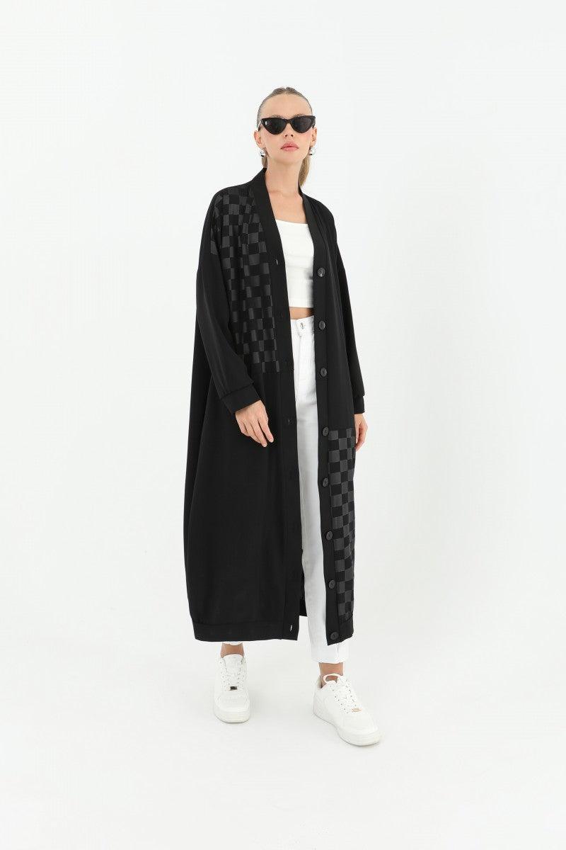 Buttoned Long Cardigan - Black - modestanbul