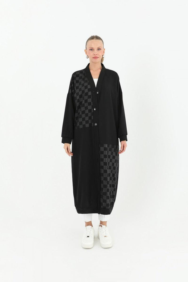 Buttoned Long Cardigan - Black - modestanbul