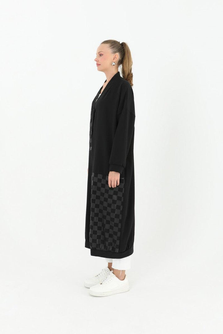 Buttoned Long Cardigan - Black - modestanbul