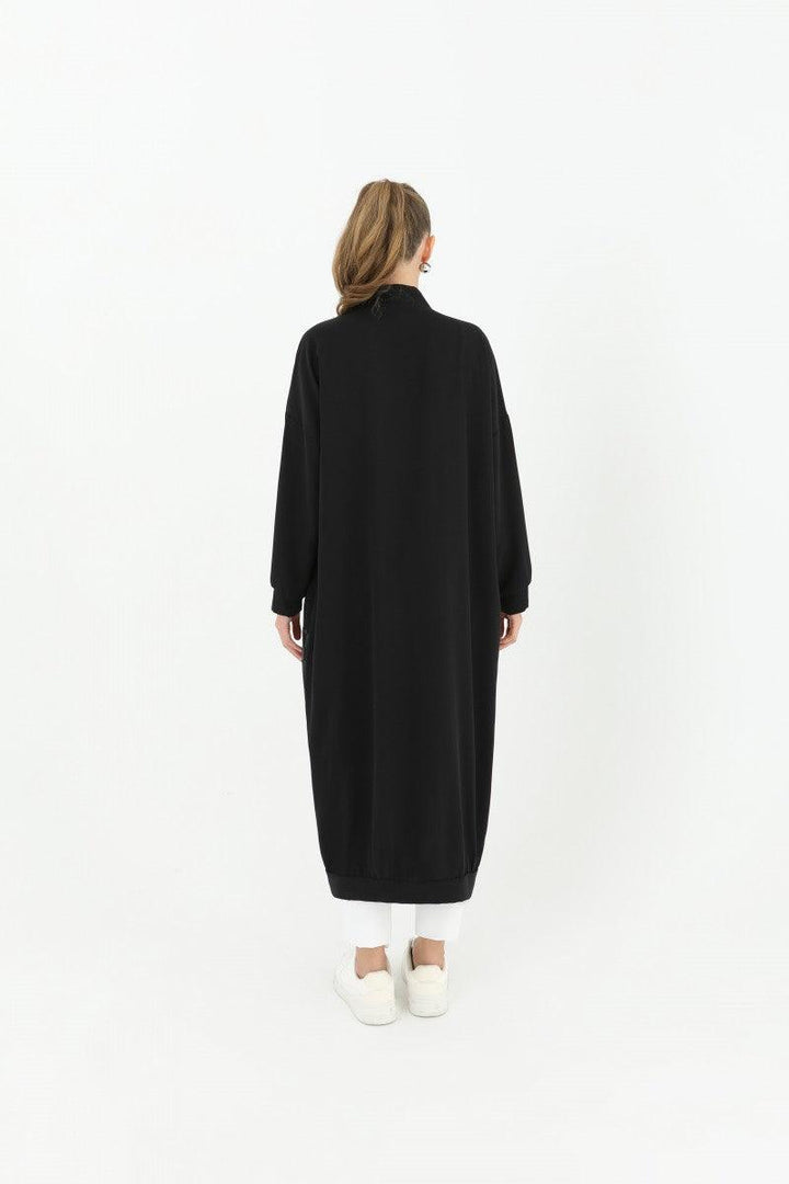 Buttoned Long Cardigan - Black - modestanbul