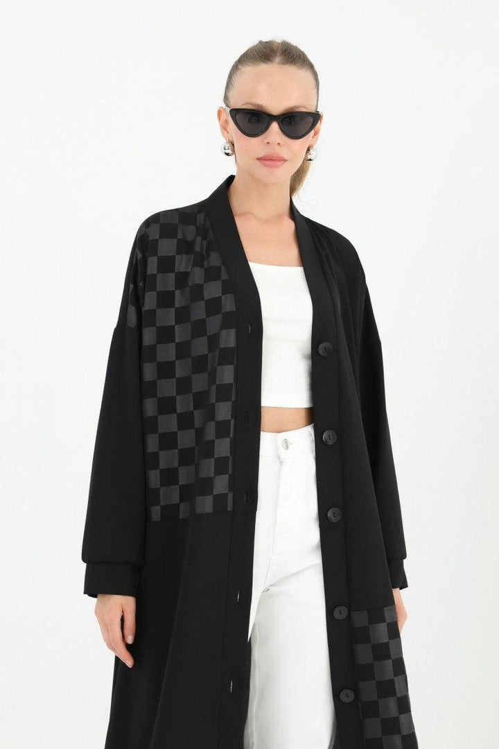 Buttoned Long Cardigan - Black - modestanbul