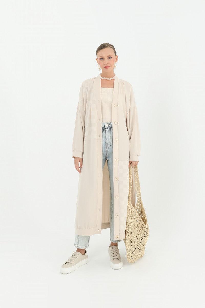 Buttoned Long Cardigan - Beige - modestanbul