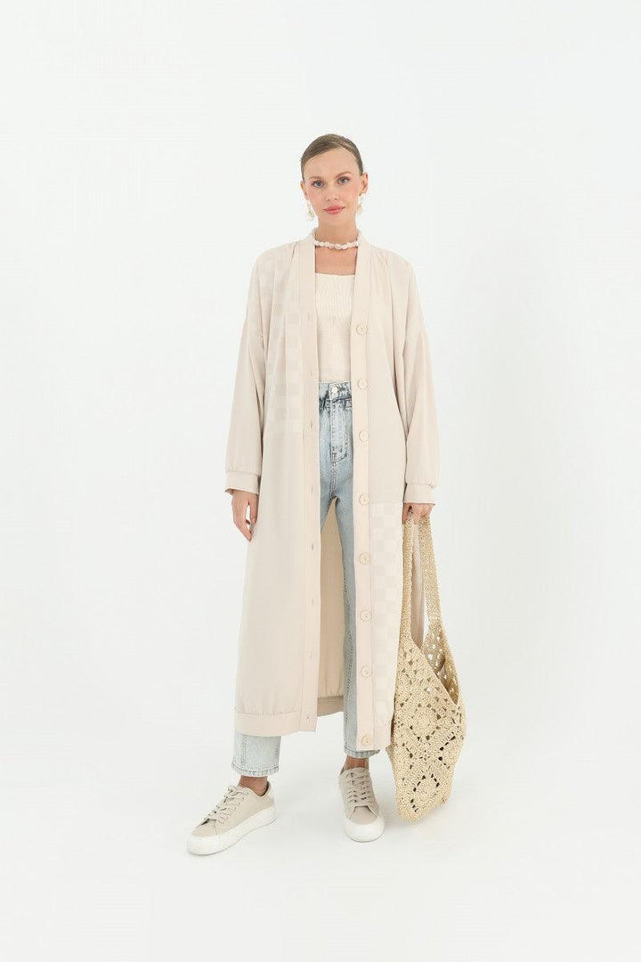 Buttoned Long Cardigan - Beige - modestanbul