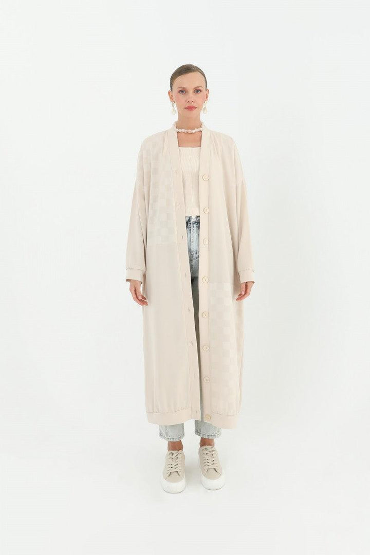 Buttoned Long Cardigan - Beige - modestanbul