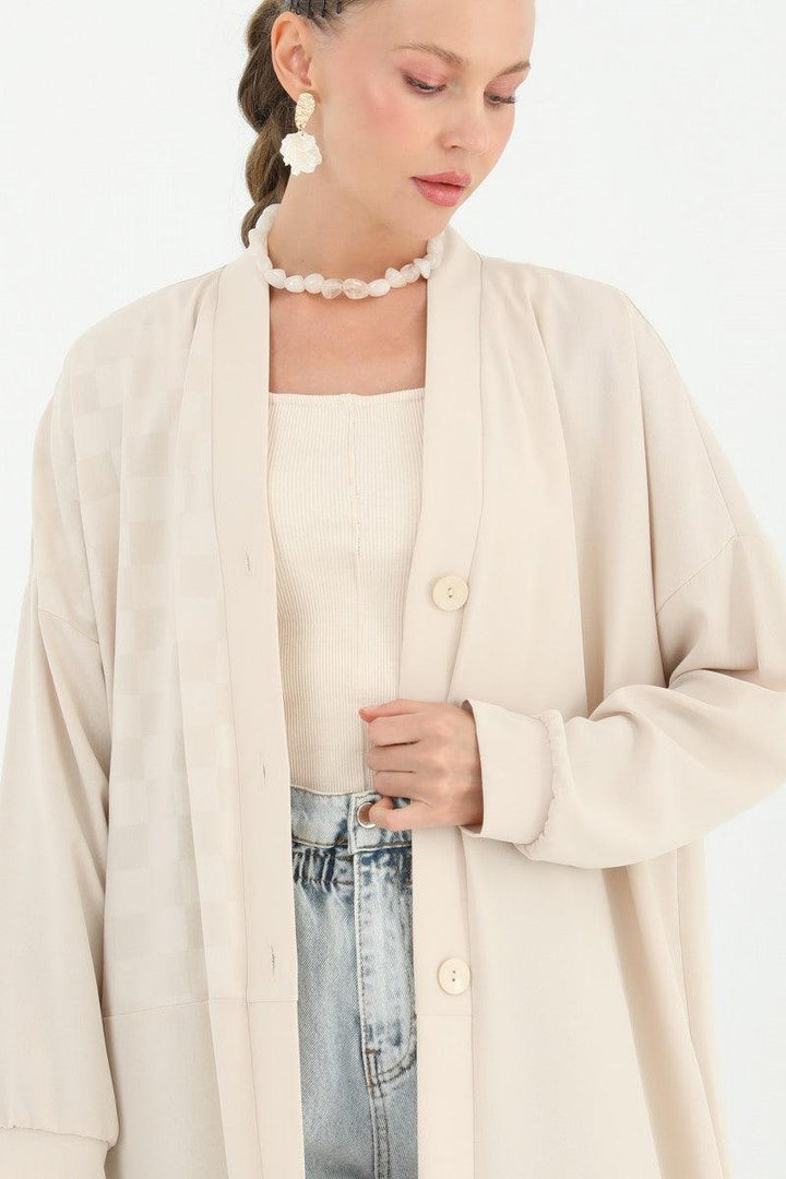 Buttoned Long Cardigan - Beige - modestanbul