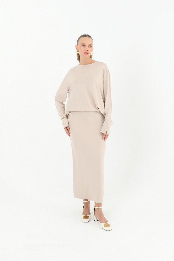 Straight Cut Knitwear Skirt - Beige - modestanbul