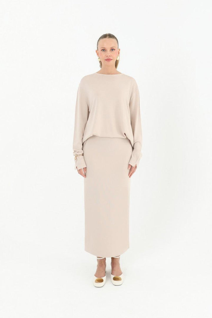 Straight Cut Knitwear Skirt - Beige - modestanbul