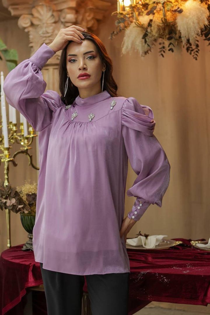 Damla Stone Accessory Dress - Lilac - modestanbul