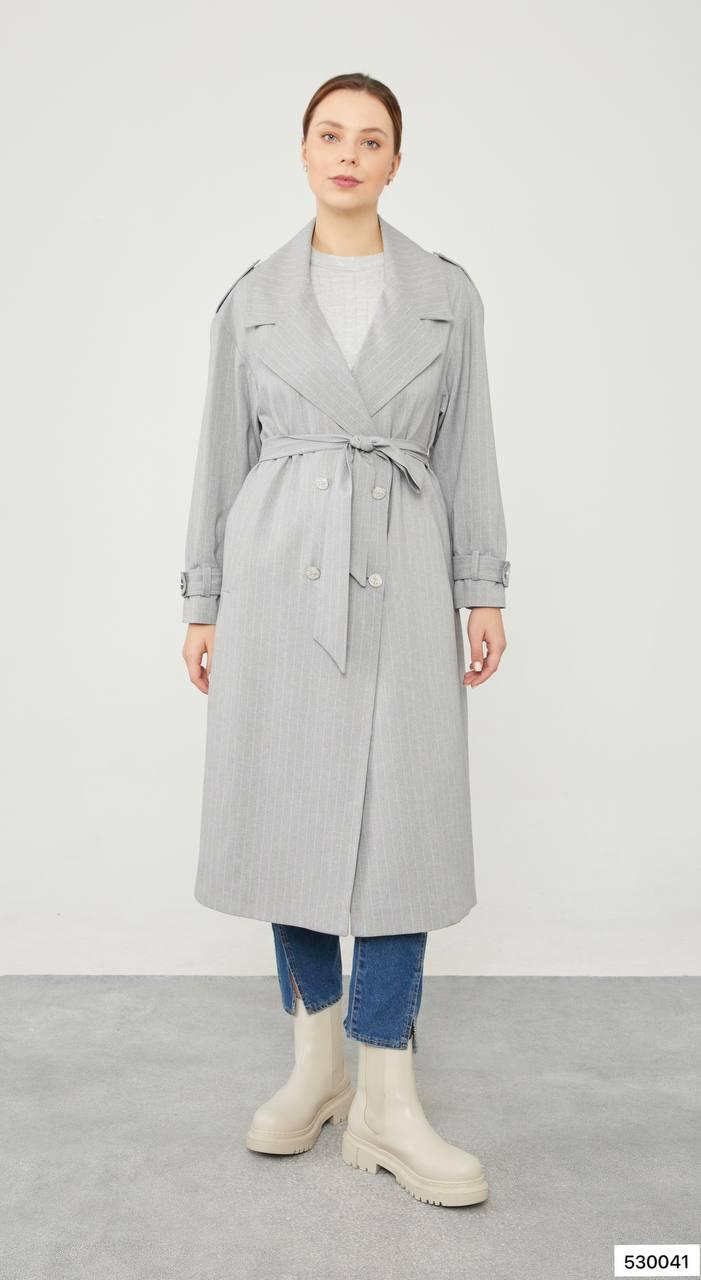 Striped Trench Coat - Grey - modestanbul