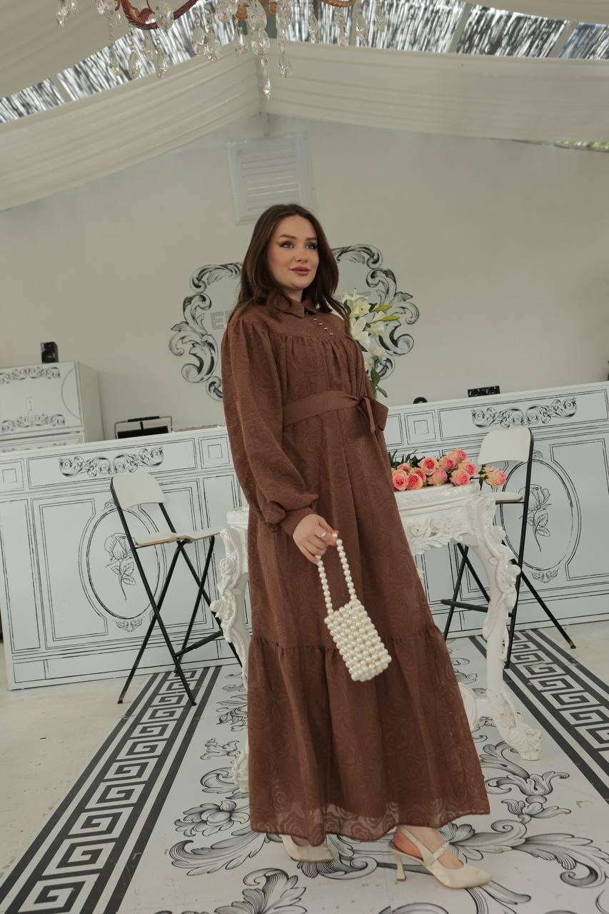 Lace Pattern Dress - Brown - modestanbul