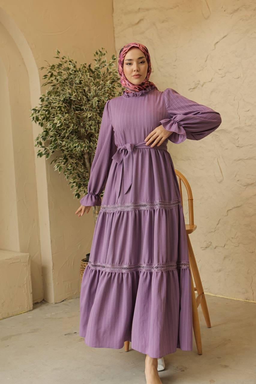 Dress with Lace Skirt - Purple - modestanbul