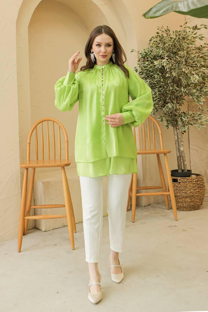 Front Buttoned Tunic - Green - modestanbul